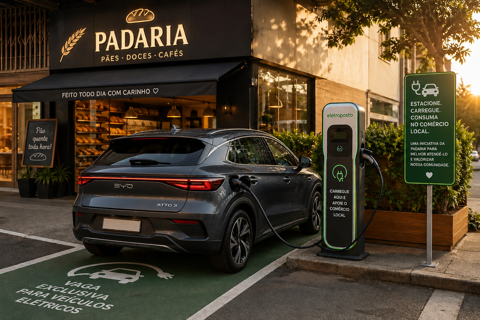 Carro elétrico conectado ao eletroposto Liberta em frente a uma padaria — vaga exclusiva para EVs com sinalização de apoio ao comércio local